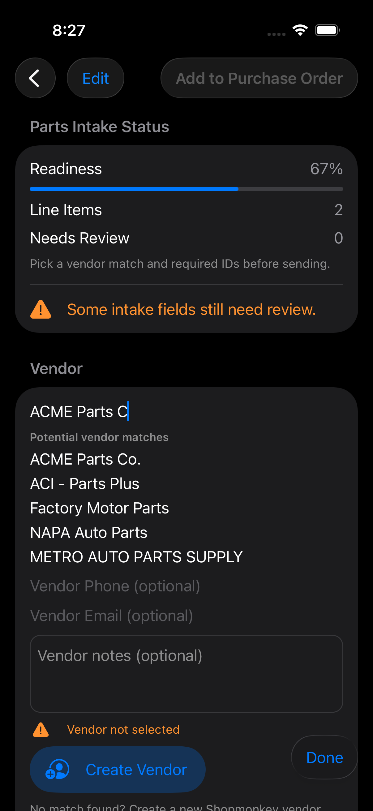 Vendor matching and readiness state on review screen